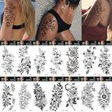 Sexy Black Flower Temporary Tattoos For Women Thigh Men Fake Moon Rose Compass Fake Tatoos Forearm Arm Sleeve Tattoo Stickers