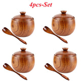 Wooden Salt Cellar Sugar Bowl Pepper Box Salt Seasoning Container Storage Box with Lid and Spoon Wooden Spice Box spice jars