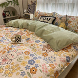 Ins Style Duvet Cover Flat Sheet Pillowcases Cute Cartoon Floral Bed Linen Twin Full Queen Size Kids Home Bedding Set