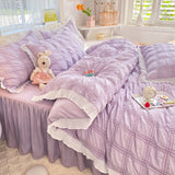 Cute Princess Style Seersucker Bedding Set For Women Cotton Solid Color Ruffle Bed Skirt Sheet Sets King Queen Comforter Cover