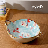 7.5inch Retro Ceramic Salad Bowl With Handle Kitchen Soup Noodle Bowl Microwave Oven Bakware Pan Pasta Fruit Plate Tableware