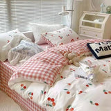 Korean Style Bedding Set Twin Queen Size Cute Cream Cherry Duvet Cover Flat Sheet Pillowcase Polyester Boys Girls Bed Linen