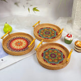Handwoven Rattan Tray Bread Woven Storage Baskets Fruit Cake Snacks Round Picnic Basket Dinner Serving Trays Kitchen Supplies