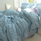 Seersucker Princess Girl Kawaii Bedding Set Lovely Ruffles Home Woman Duvet Cover Set Luxury Solid Color Pleated Bedding Sets