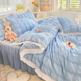 Cute Princess Style Seersucker Bedding Set For Women Cotton Solid Color Ruffle Bed Skirt Sheet Sets King Queen Comforter Cover