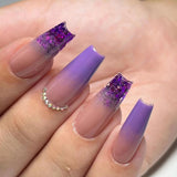 24Pcs Purple Y2K Press on Nails Star Diamond Designs Full Cover Fake Nails Long Coffin Acrylic False Nails for Women