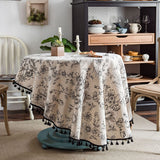 Cotton Linen Table Cloth Round Tablecloth with Tassel Dust-Proof Floral Circular Table Cover for Kitchen Dinning Tabletop Decor