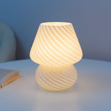 Glass LED Desk Lamp For Bedroom Bedside Korean Ins Style Striped Mushroom Table Decor Cute Translucent Ring