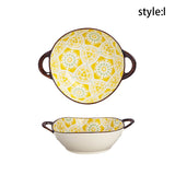 7.5inch Retro Ceramic Salad Bowl With Handle Kitchen Soup Noodle Bowl Microwave Oven Bakware Pan Pasta Fruit Plate Tableware