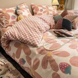 Korean Style Bedding Set Twin Queen Size Cute Cream Cherry Duvet Cover Flat Sheet Pillowcase Polyester Boys Girls Bed Linen