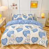 Cute Bear Bedding Set Girls Boys Kids Single Double Size Flat Sheet Duvet Cover Pillowcase Bed Linens White Blue Home Textile