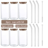 Glass Cup Bamboo Lid and Straw Bubble Tea Transparent Cold Drinking Coffee Mug Wine Milk Cup Glass Drinkware Durable 4/6pcs