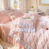 Cute Princess Style Seersucker Bedding Set For Women Cotton Solid Color Ruffle Bed Skirt Sheet Sets King Queen Comforter Cover