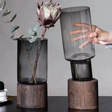 Vases Simple European hydroponic plant household living room table  inserted flower wood base transparent glass vase Home Decor