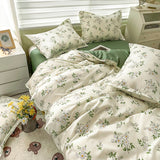 Soft Bedding Set Nordic  Washed Cotton Linen Duvet Cover  Plant Pattern Home Textile Queen King Cover Pillowcase Bed