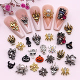 10-Pcs Halloween Ornaments 3D Metal Nail Art Decorations Gold Silver Black Skull Spider Hand Skeleton Design Nail Accessories