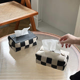 Checkerboard Woven Tissue Box PU Leather Napkin Case Living Room Office Desktop Home Decoration Creative Paper Towel Cover