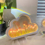 DIY Cloud Tulip LED Night Light Girl Bedroom Ornaments Creative Photo Frame Mirror Table Lamps Bedside Handmade Birthday Gifts