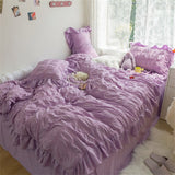 Seersucker Princess Girl Kawaii Bedding Set Lovely Ruffles Home Woman Duvet Cover Set Luxury Solid Color Pleated Bedding Sets