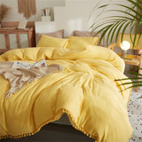 American Style Furball Tasseles Yellow Bedding Set Queen Home Hairball Tassel Bed Cover Sets Soft King Size Duvet Cover No Sheet