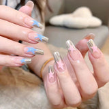 24Pcs Almond Press on Nails Y2K Star Diamond Designs for Cool Girls Nude Color Fake Nails for Women Fukk Cover False Nail Tips