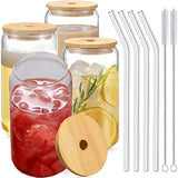 Glass Cup Bamboo Lid and Straw Bubble Tea Transparent Cold Drinking Coffee Mug Wine Milk Cup Glass Drinkware Durable 4/6pcs