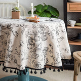 Cotton Linen Table Cloth Round Tablecloth with Tassel Dust-Proof Floral Circular Table Cover for Kitchen Dinning Tabletop Decor