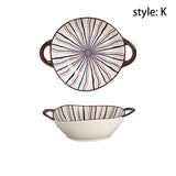 7.5inch Retro Ceramic Salad Bowl With Handle Kitchen Soup Noodle Bowl Microwave Oven Bakware Pan Pasta Fruit Plate Tableware