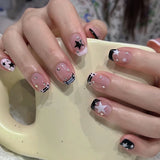 24Pcs Almond Press on Nails Y2K Star Diamond Designs for Cool Girls Nude Color Fake Nails for Women Fukk Cover False Nail Tips