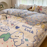 Ins Style Duvet Cover Flat Sheet Pillowcases Cute Cartoon Floral Bed Linen Twin Full Queen Size Kids Home Bedding Set