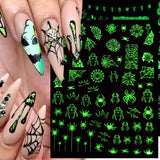 3D Luminous Nail Stickers Decals Black White Spider Web Skull Alien Planet Glow In The Dark Halloween Manicure Foils Tattoo Tips