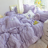 Seersucker Princess Girl Kawaii Bedding Set Lovely Ruffles Home Woman Duvet Cover Set Luxury Solid Color Pleated Bedding Sets