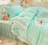 Cute Princess Style Seersucker Bedding Set For Women Cotton Solid Color Ruffle Bed Skirt Sheet Sets King Queen Comforter Cover