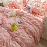 Seersucker Princess Girl Kawaii Bedding Set Lovely Ruffles Home Woman Duvet Cover Set Luxury Solid Color Pleated Bedding Sets