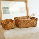 Handmade Woven Storage Box Straw Organizers Basket Rectangle Gadgets Toys Sundries Basket Container Home Bathroom Kitchen Case