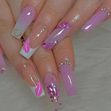 24Pcs Purple Y2K Press on Nails Star Diamond Designs Full Cover Fake Nails Long Coffin Acrylic False Nails for Women