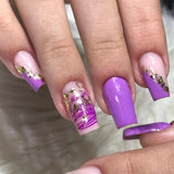 24Pcs Purple Y2K Press on Nails Star Diamond Designs Full Cover Fake Nails Long Coffin Acrylic False Nails for Women