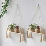 Wall Hanging Shelf Tassel Wood Decor Woven Wall Hanging Board Shelves for Home Decor Bedroom Living Room Cake Stand