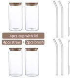 Glass Cup Bamboo Lid and Straw Bubble Tea Transparent Cold Drinking Coffee Mug Wine Milk Cup Glass Drinkware Durable 4/6pcs