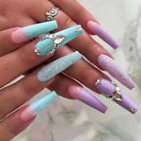 24Pcs Purple Y2K Press on Nails Star Diamond Designs Full Cover Fake Nails Long Coffin Acrylic False Nails for Women