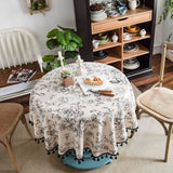 Cotton Linen Table Cloth Round Tablecloth with Tassel Dust-Proof Floral Circular Table Cover for Kitchen Dinning Tabletop Decor